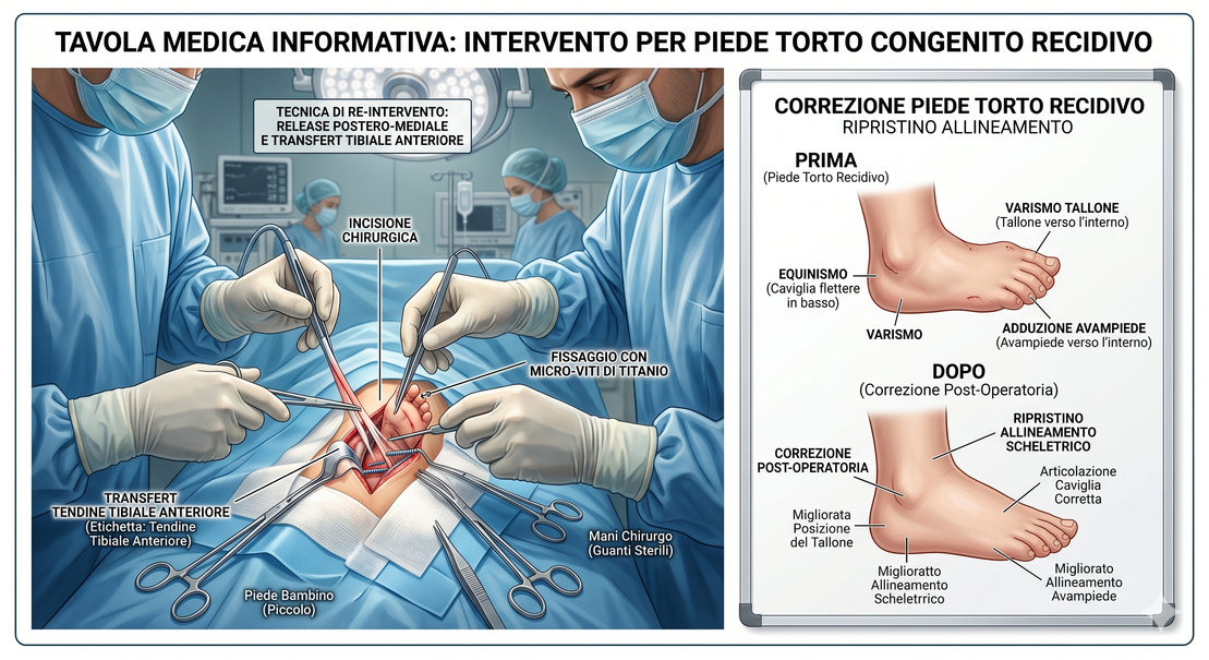 Chirurgo ortopedico pediatrico che valuta un piede torto recidivo in sala operatoria
