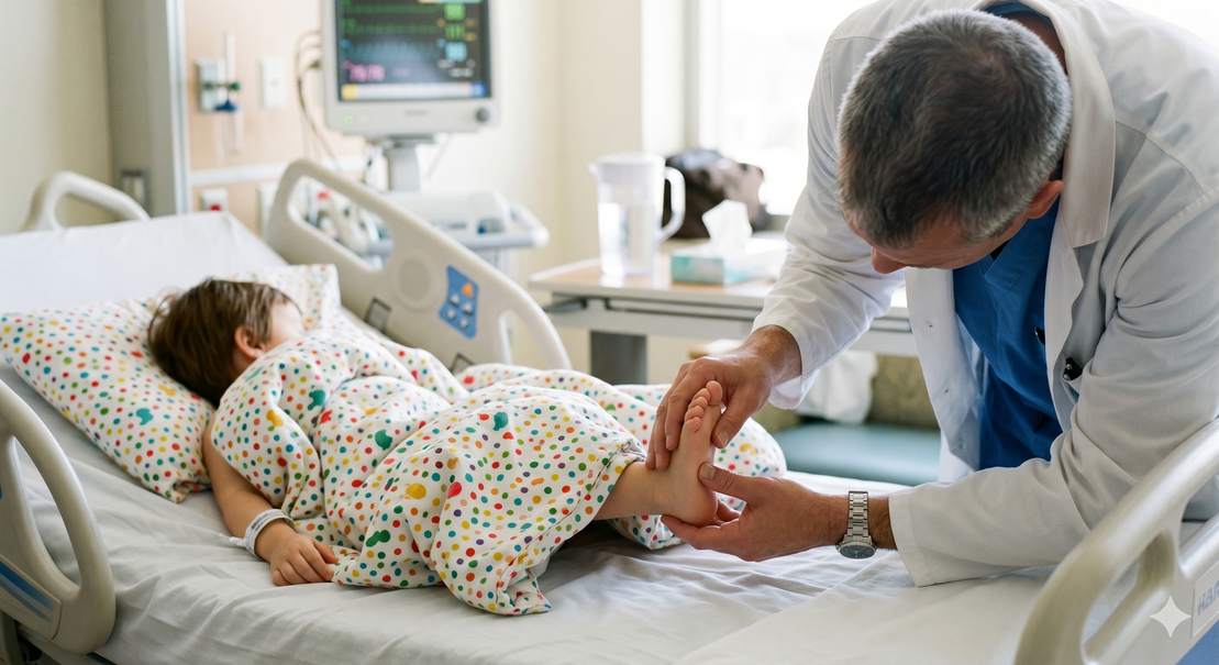 Ortopedico pediatrico che osserva il piede di un bambino in piedi