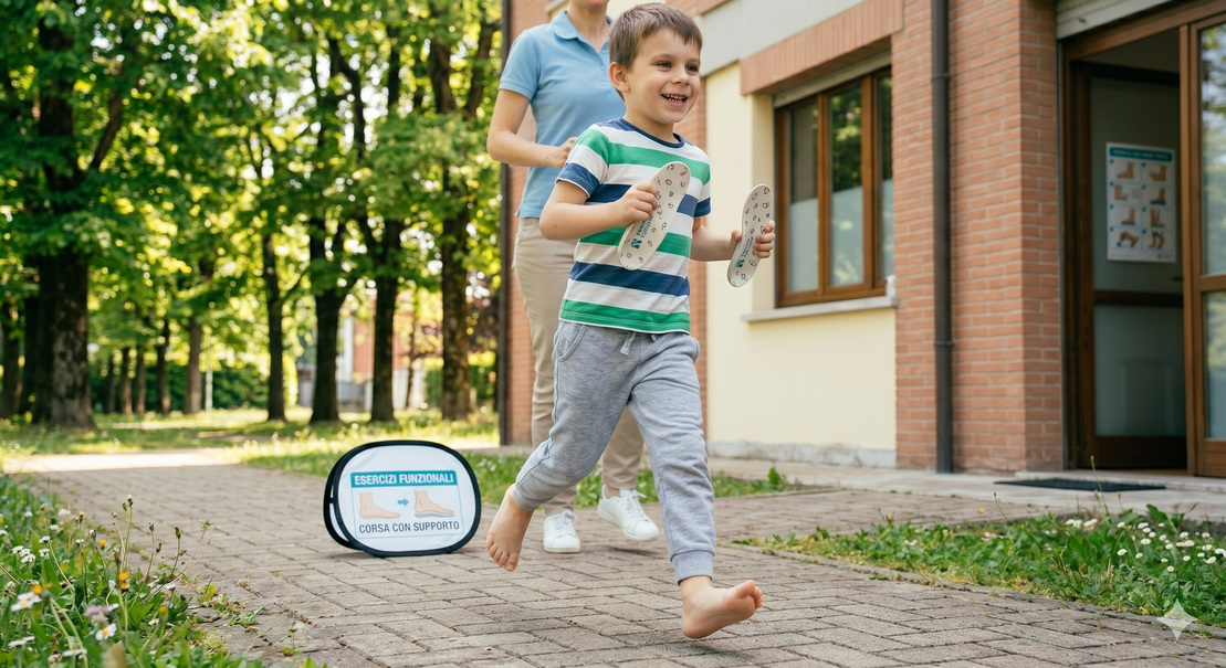 Bambino che corre al parco con scarpe da ginnastica
