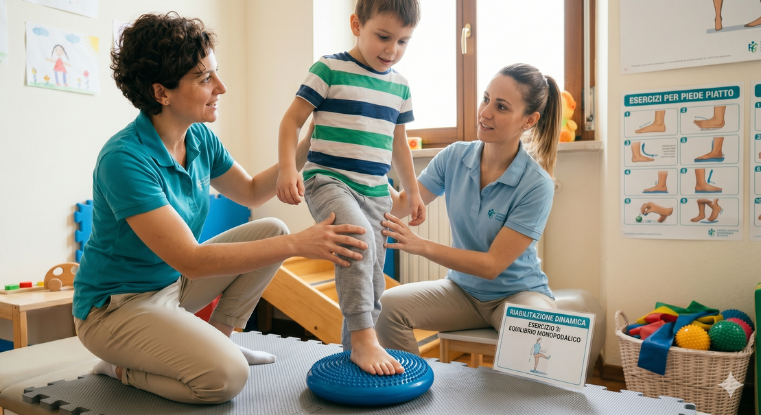 Fisioterapista che aiuta un bambino a camminare su una linea per migliorare l’equilibrio