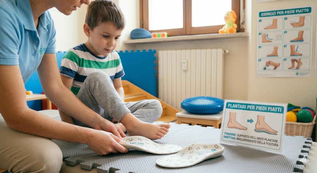 Plantari ortopedici pediatrici appoggiati accanto a scarpe da bambino