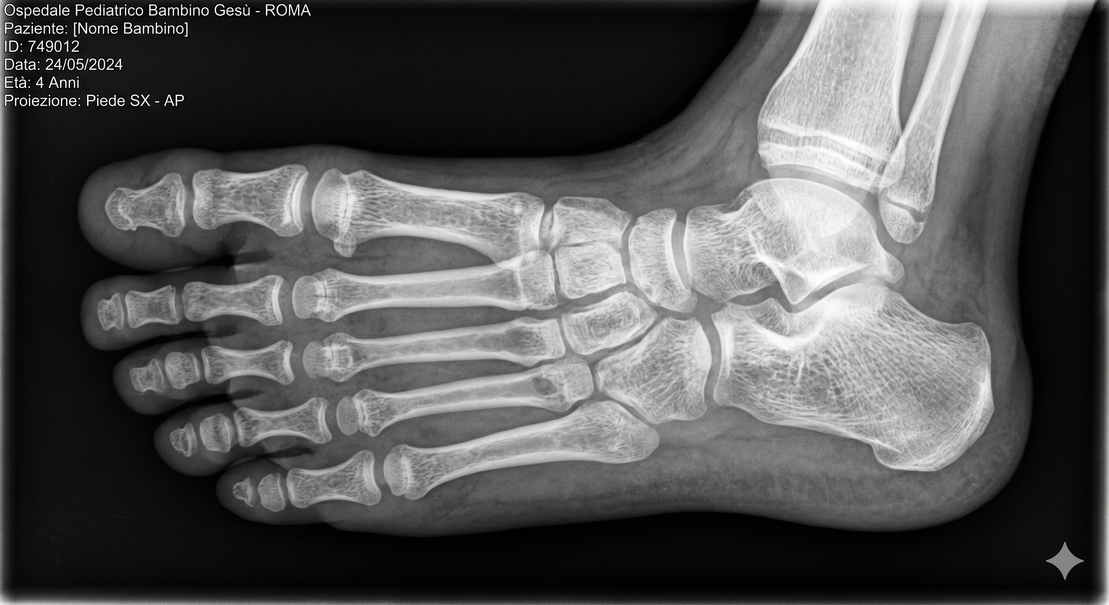Radiografia del piede di un bambino vista durante una visita ortopedica
